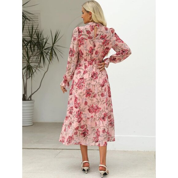 Women's Fall Floral Long Sleeve Midi Dress Boho Casual Wedding Guest - Picture 6 of 8